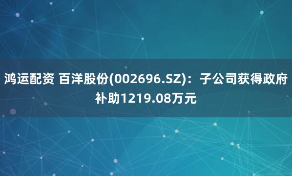 鸿运配资 百洋股份(002696.SZ)：子公司获得政府补助1219.08万元